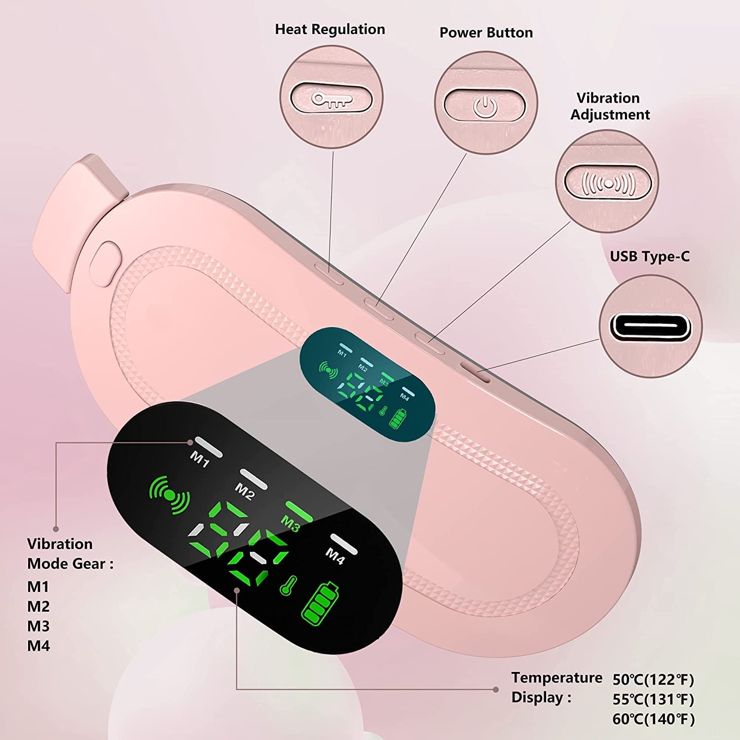 Period Pain Relief Device with 3 Heat Levels and 4 Vibration Massage