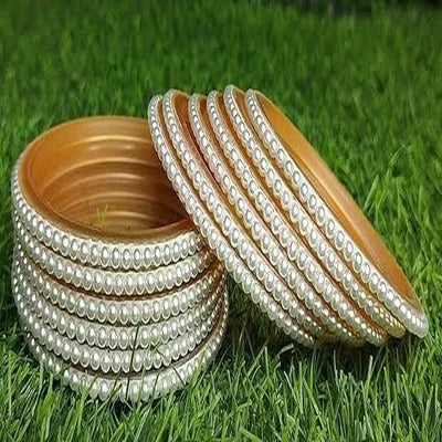 ladies bangles -Trendy pearl Bangles with White Pearls/Beads churiya 12 pcs for Girls and Women" churiyan set - sizes 2 or 2.5 dhai