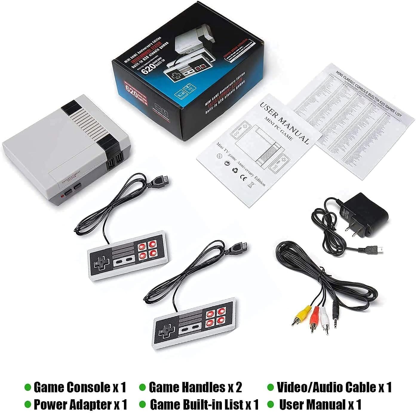 Built-in 620 in 1 Games Console, Mini Classic Game Console AV Output with 2 Controllers